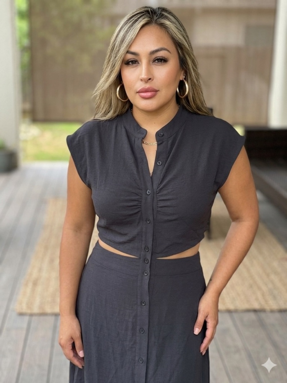 Charcoal black Button-Front Maxi Dress Small